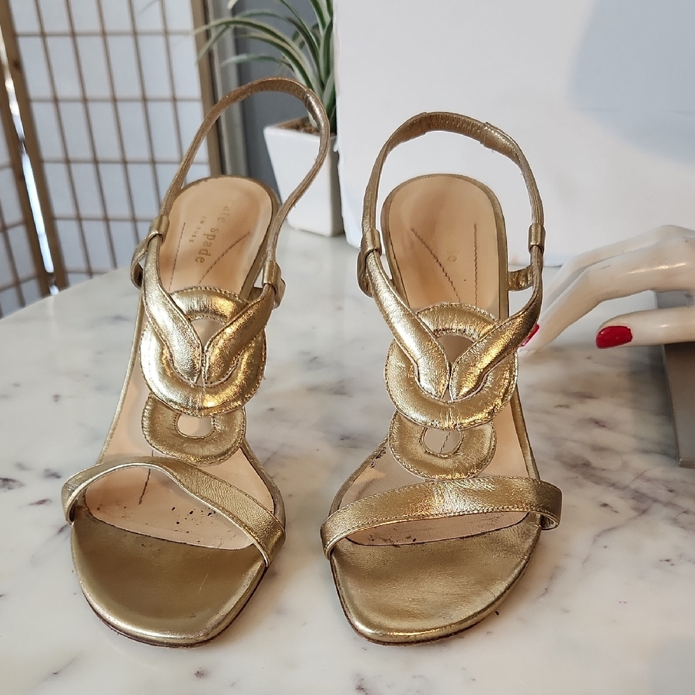 Vintage | kate spade Metallic Gold Strappie Leather Heeled Sandals Sz 8.5